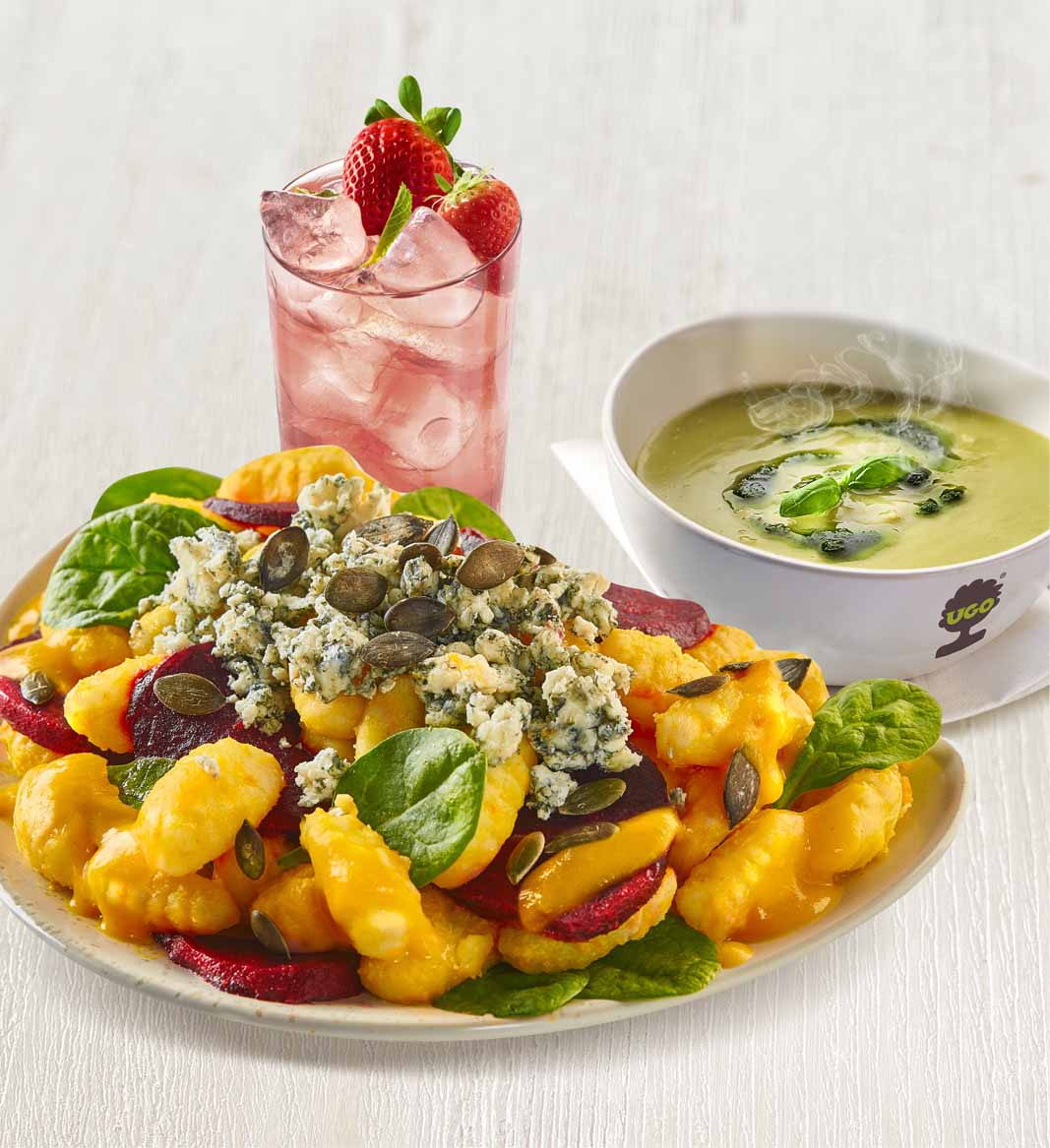 Menu noky s kuřetem, modrým sýrem a dýňovou omáčkou